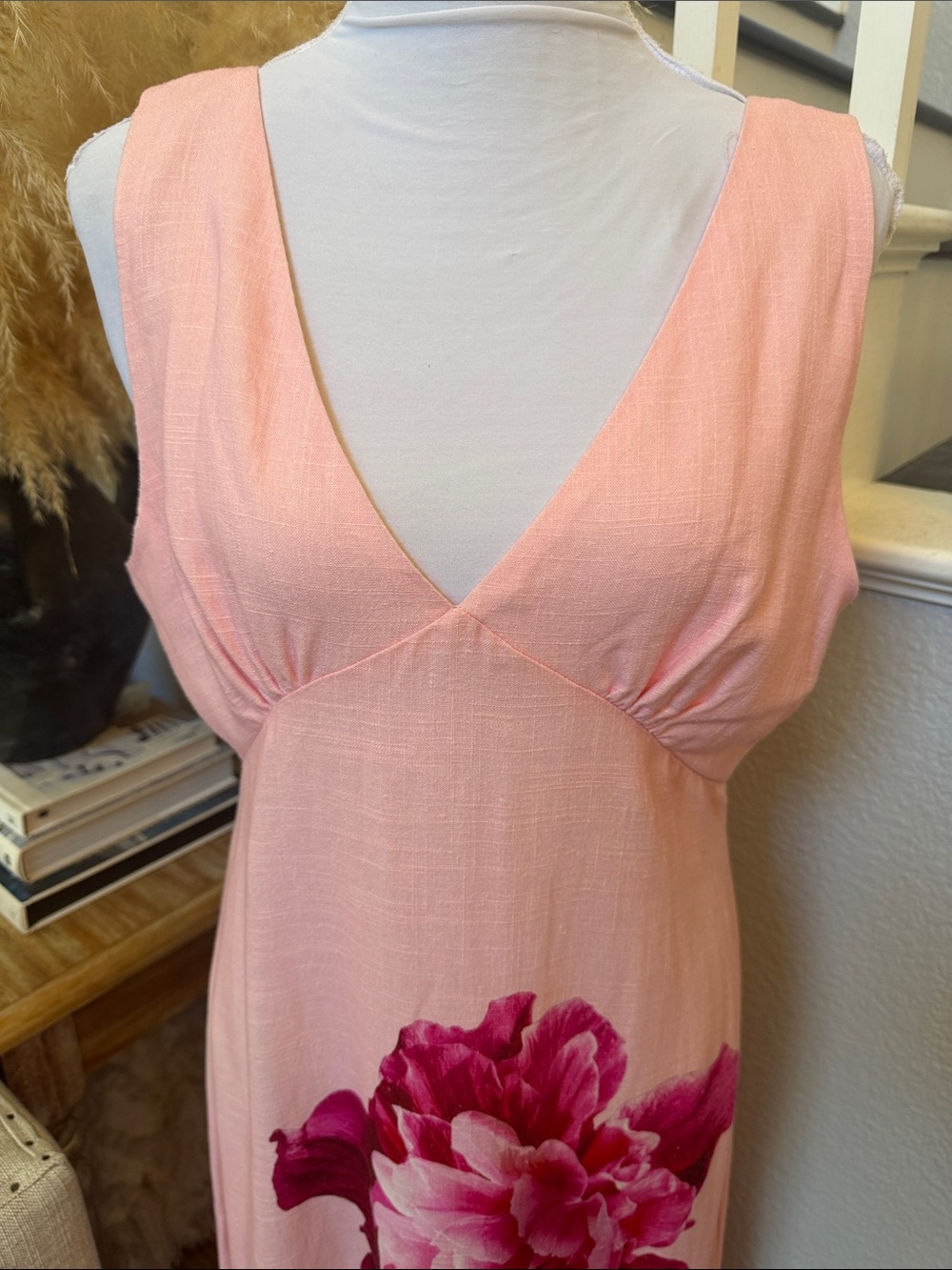 Anthropologie Paper Heart Pink Linen Blend Sleeveless Floral MIDI Dress Large - Picture 3 of 7